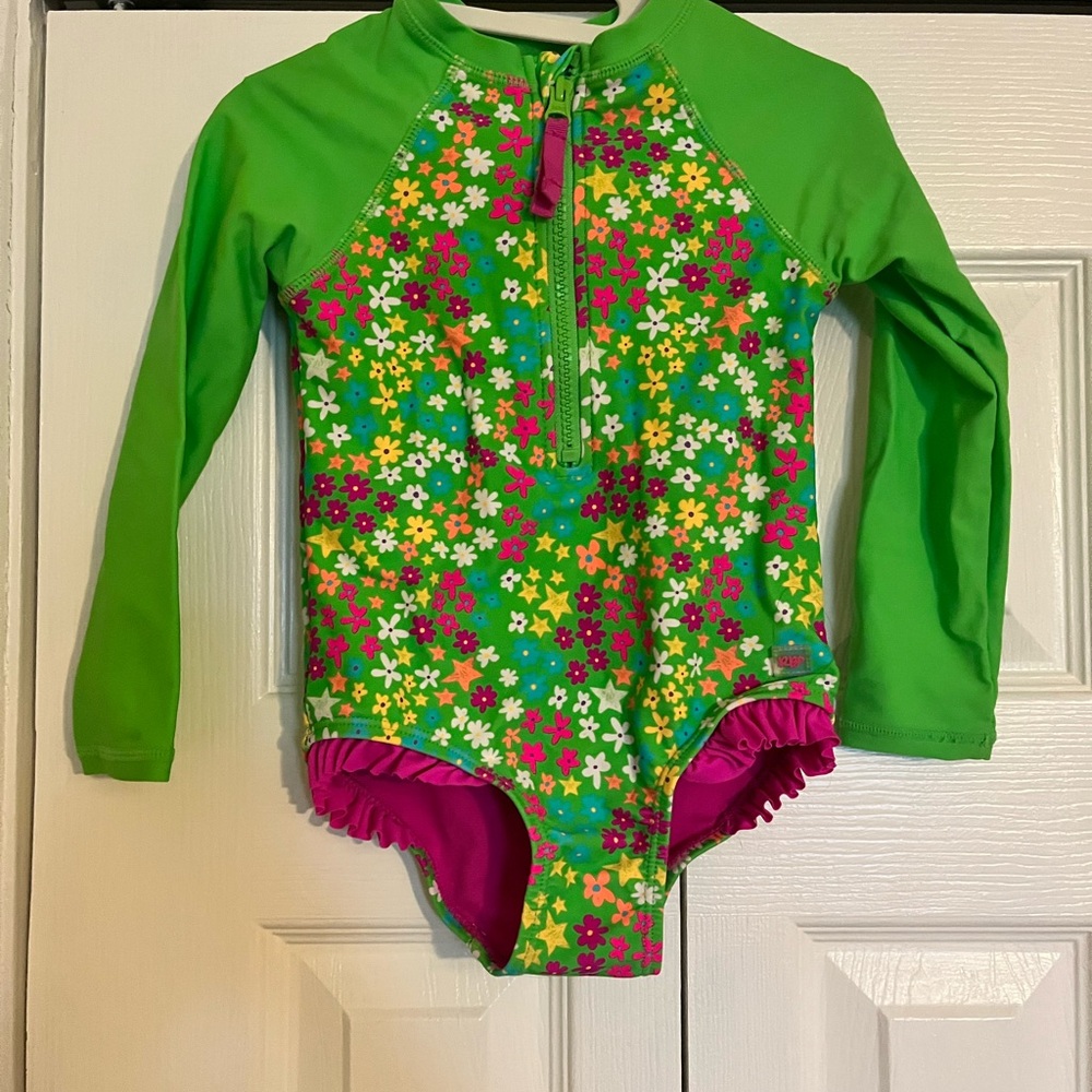 Ruffle Butts Green Floral Kids Rashguard